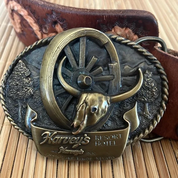 1982 Harvey\'s Resort South lake Tahoe Belt Buckle with leather handmade belt  M Hammerhead & Mako Leather Tab Belt | Guy Harvey – Guy Harvey main image 2